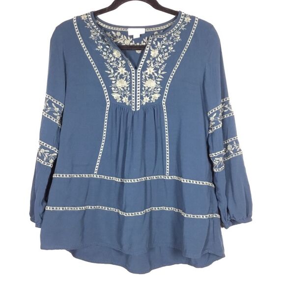 Teal green long sleeve top light sage green embroidery hippie boho XS petite - Picture 1 of 7